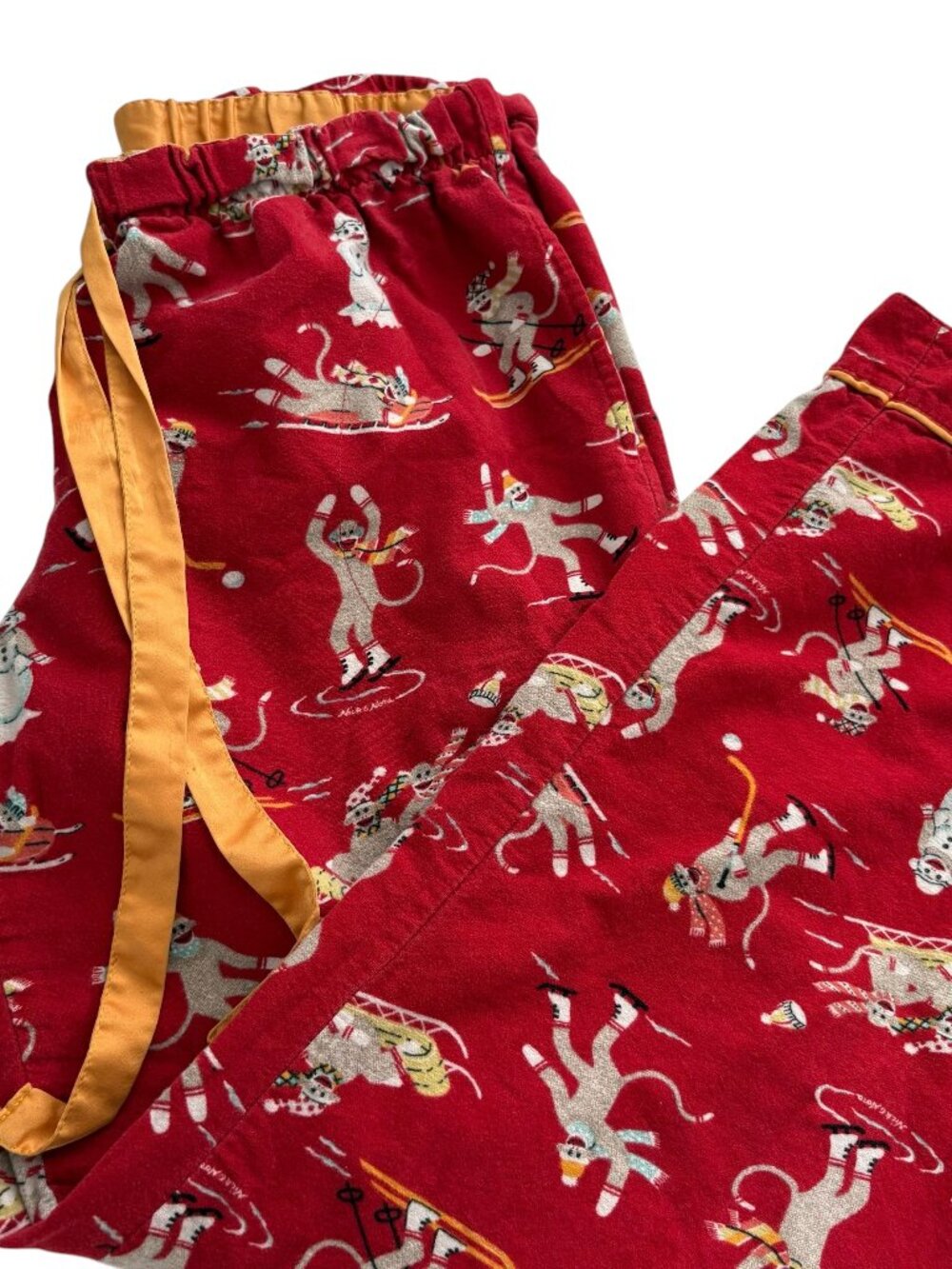 Nick & Nora Downhill Monkeys Pajama Pants S Flannel Sock Monkey Skiing Skating